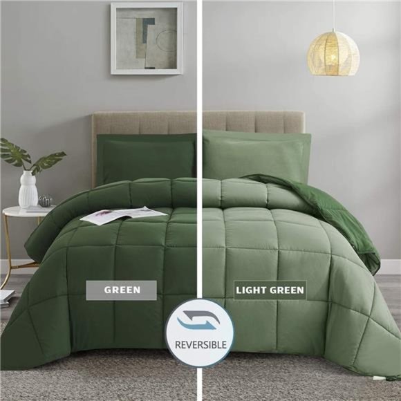 3pc Green DownAlternative ComforterSet Queen Size-All Season ReversibleComforter - Picture 1 of 6